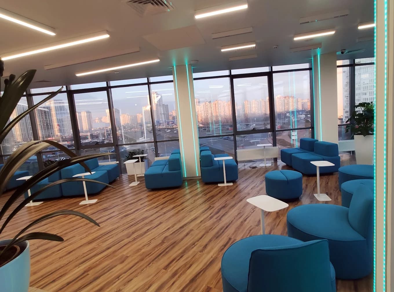 Partner clinic reception lounge in Kyiv with panoramic city view